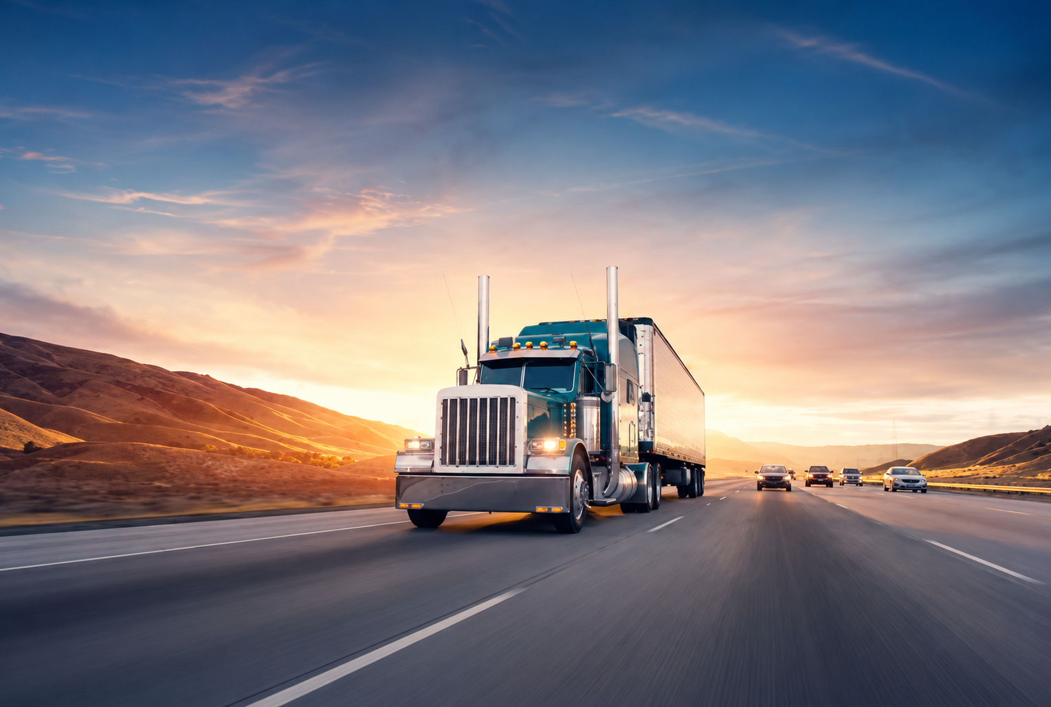 Semi-truck driving on a highway at sunset