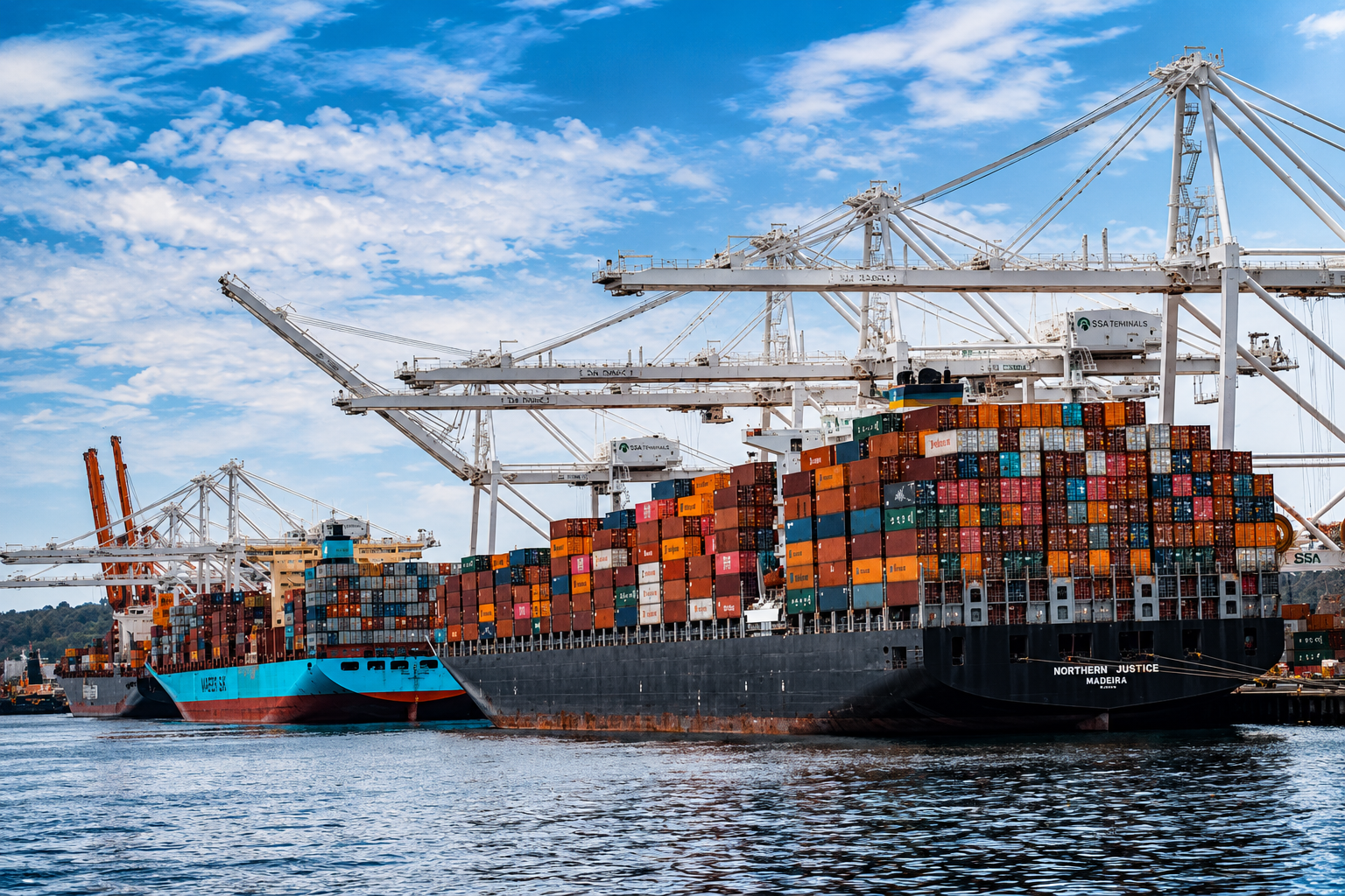Container ships loaded with freight at a port