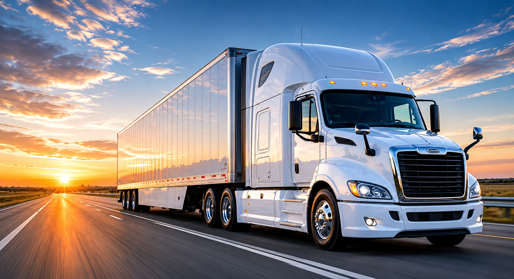 White semi-truck driving on a highway at sunset