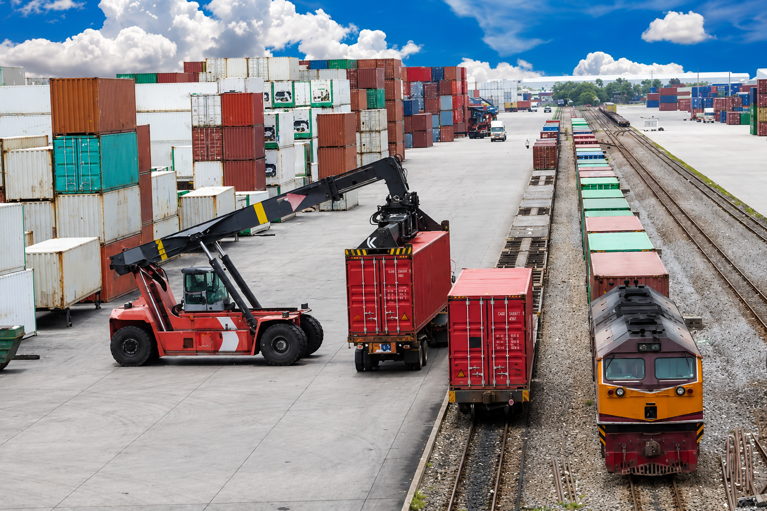 Intermodal freight yard with containers and rail