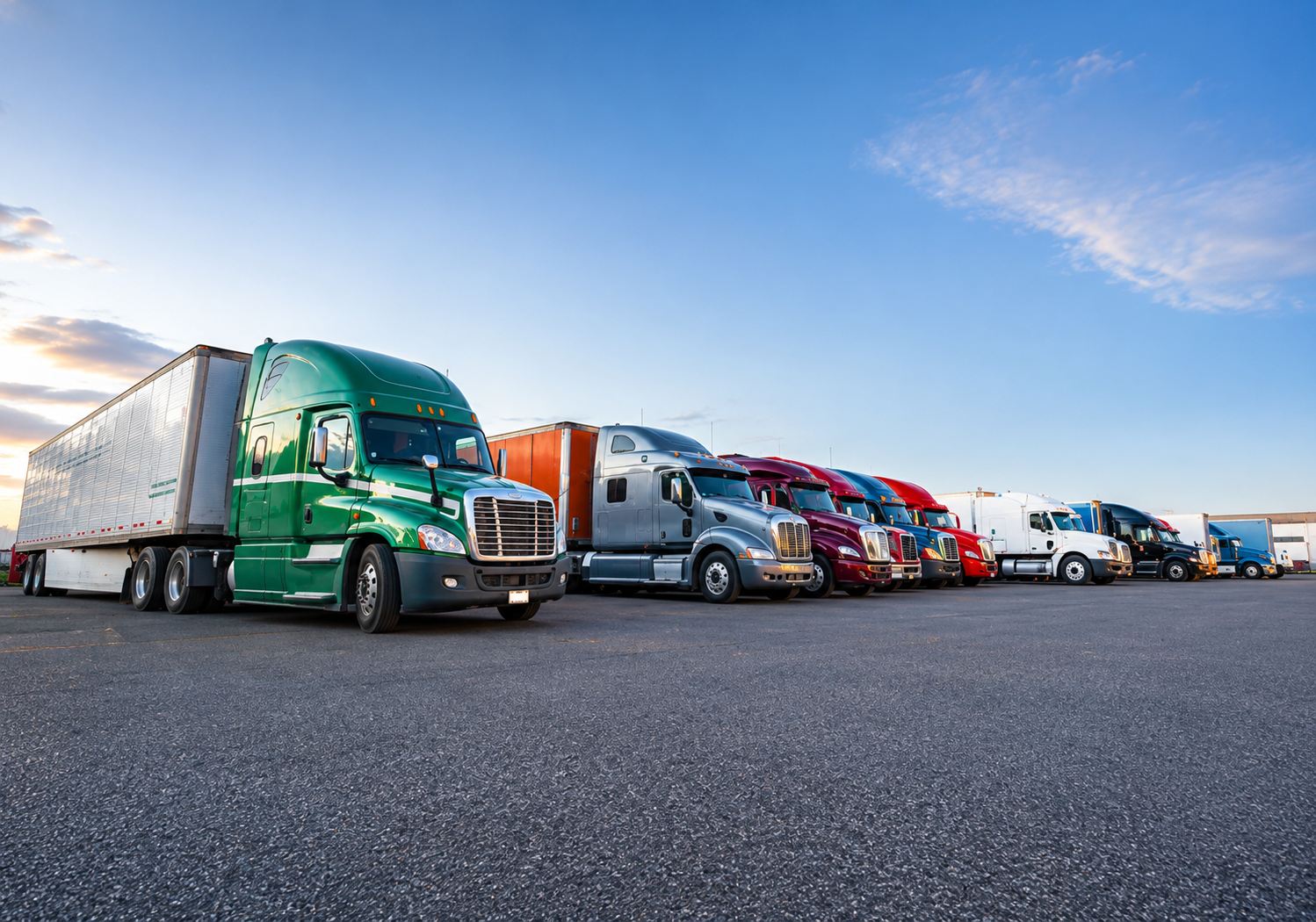 Fleet of colorful semi-trucks lined up in a yard